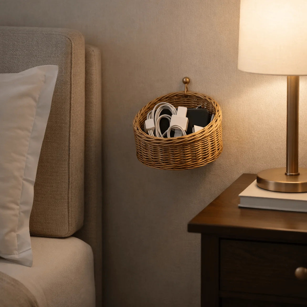 Cesto Antibes ao lado da cama, servindo de porta-objetos