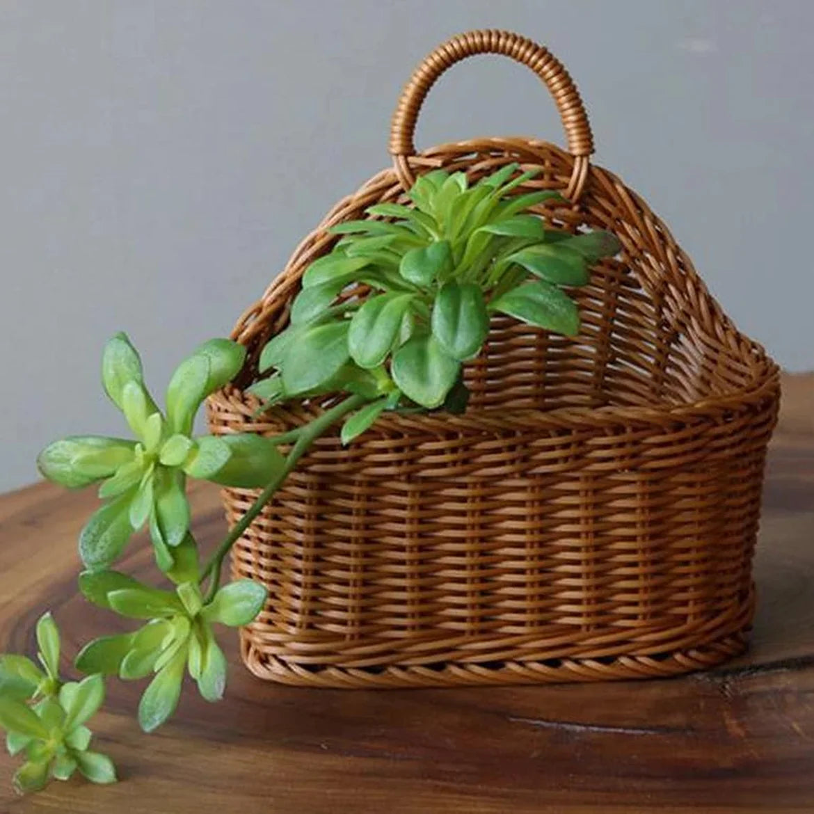 Cesto Antibes apoiado na mesa, com uma planta dentro
