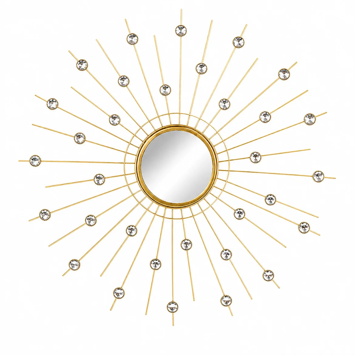 Espelho raio de sol Aurora em metal dourado com pedras decorativas