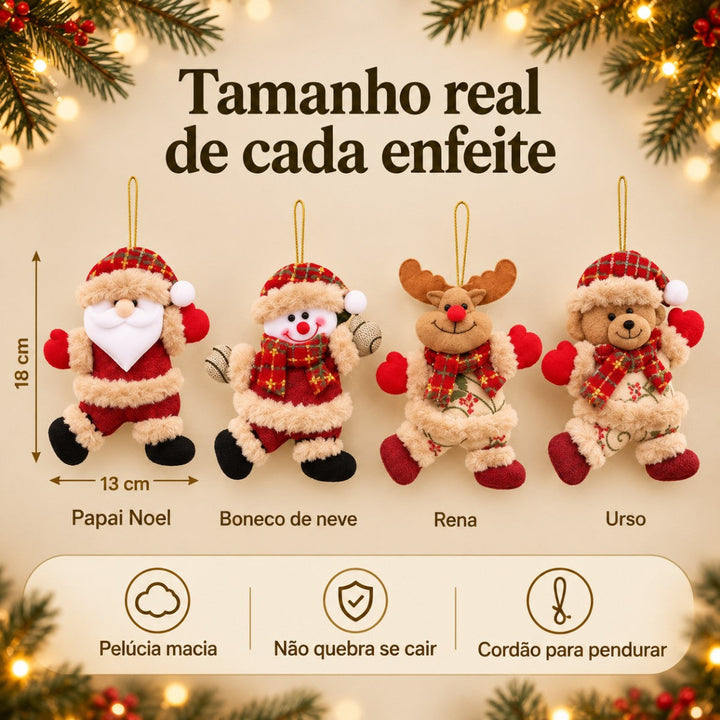 Infográfico de medidas dos enfeites de pelúcia Brunico: cada um tem 18 cm de altura e 13 cm de largura, nos personagens Papai Noel, boneco de neve, rena e urso