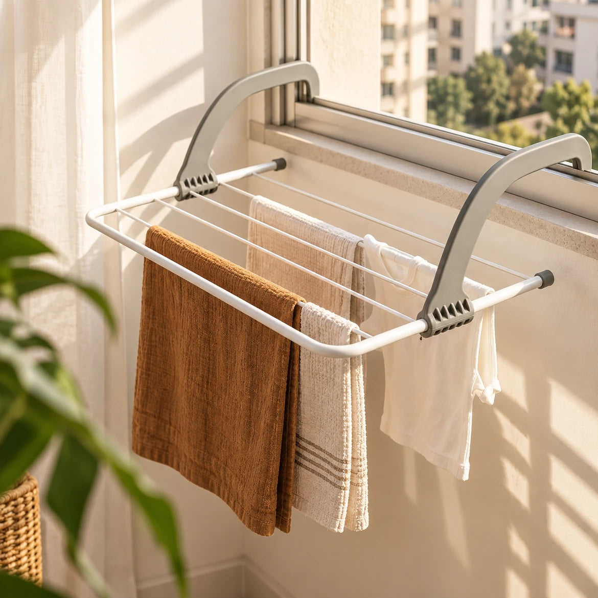 Varal Burano encaixado no peitoril da janela de um apartamento, com panos de prato e uma toalha secando ao sol da manhã
