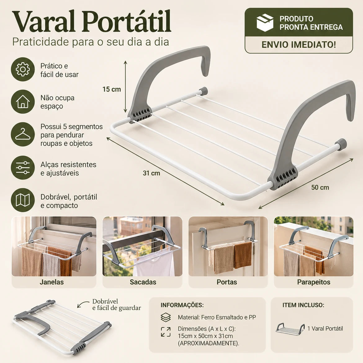 Ficha do varal Burano: 15 cm de altura, 50 cm de frente, 31 cm de profundidade, ferro esmaltado e PP, uso em janelas, sacadas, portas e parapeitos