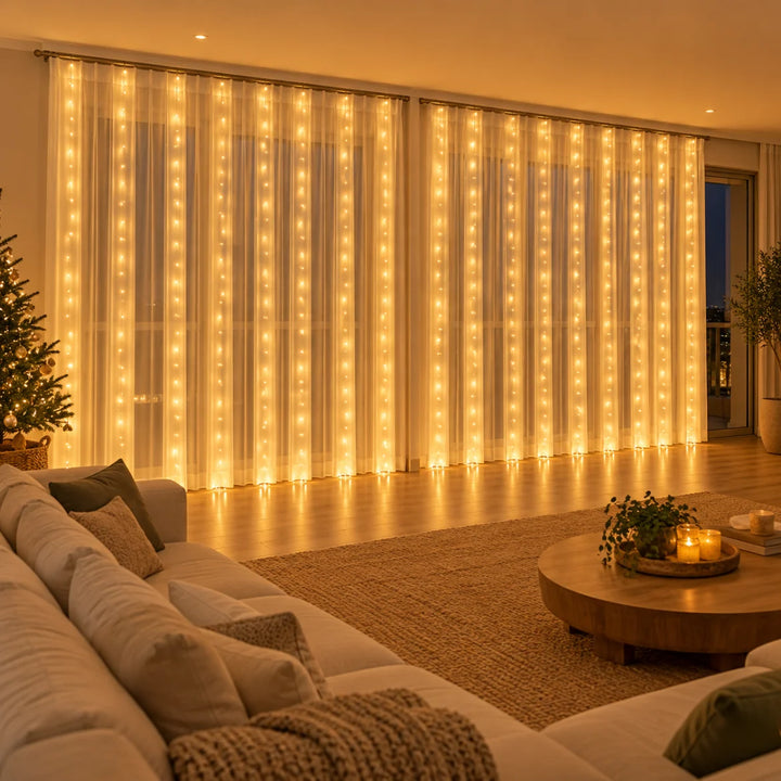 Duas cortinas de luz LED Corvara lado a lado cobrindo uma parede de 8 metros na sala à noite