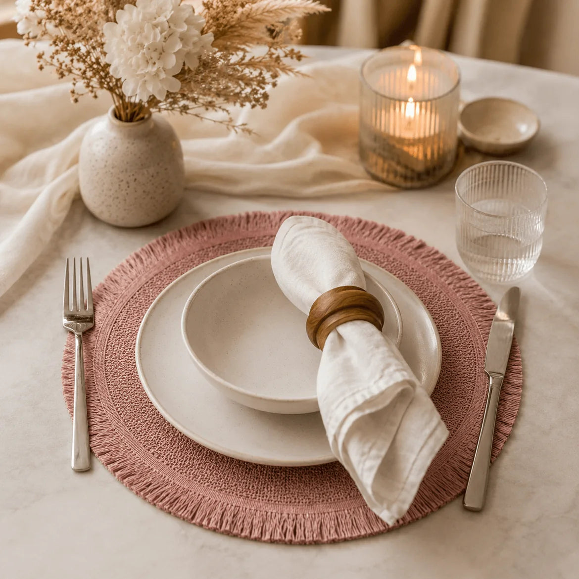 Mesa posta com o Comporta Rosa Provençal, louça branca e guardanapo