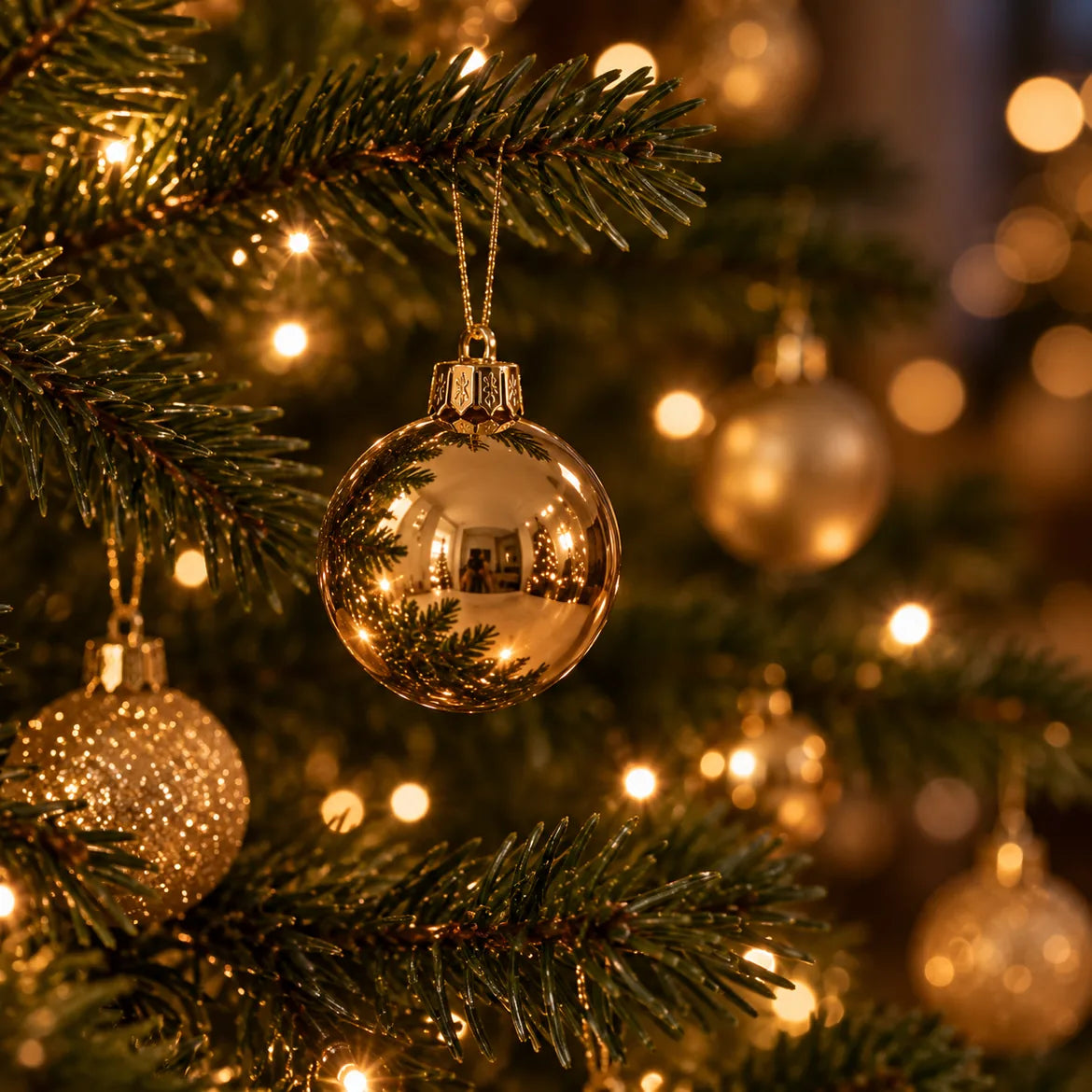 Bola de Natal dourada pendurada num galho de pinheiro à noite