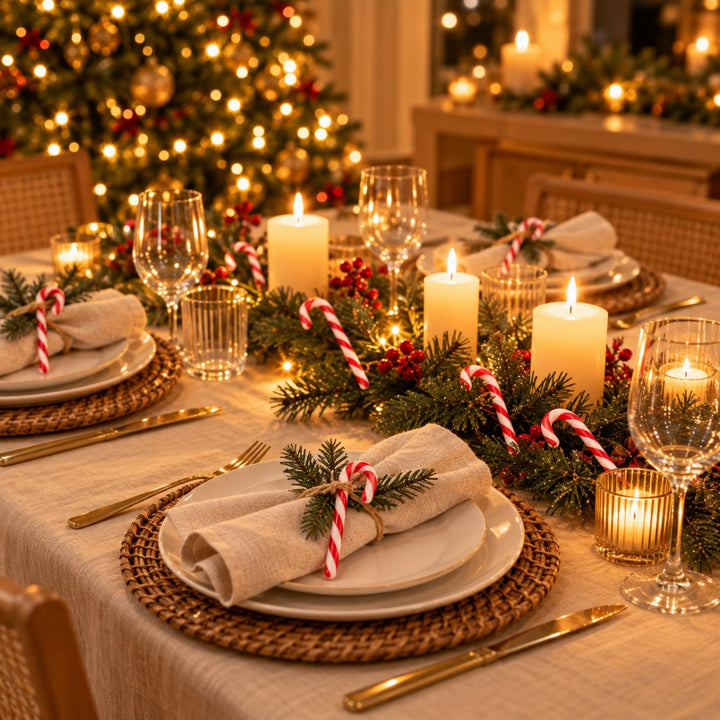 Bengalas de doce Pinzolo decorando a mesa da ceia de Natal