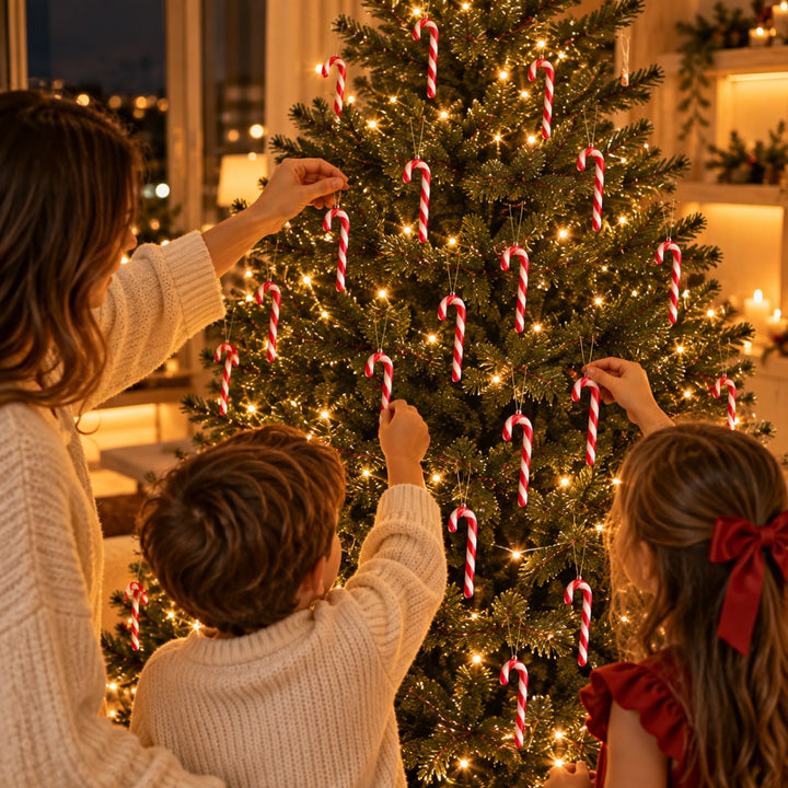 Família olhando a árvore de Natal decorada com bengalas de doce Pinzolo