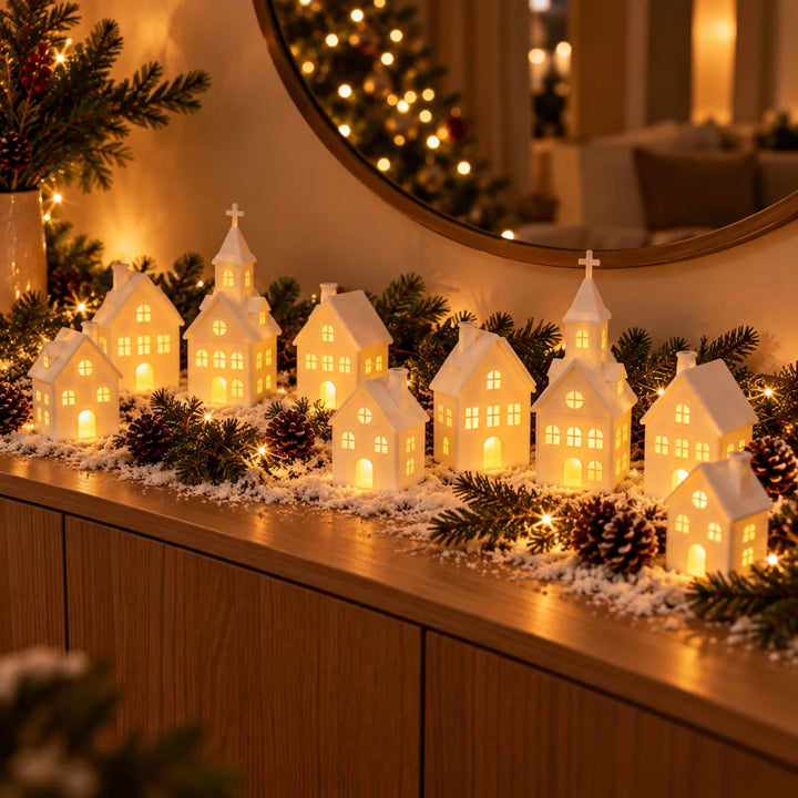 Duas vilas de Natal Moena formando uma cidadezinha iluminada no aparador