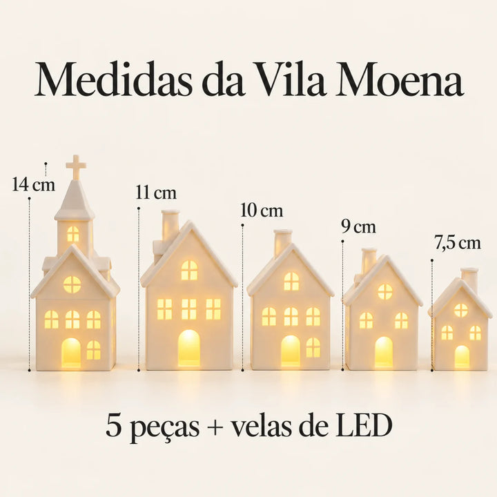 Medidas da vila Moena: igreja 14 cm e casinhas de 11, 10, 9 e 7,5 cm