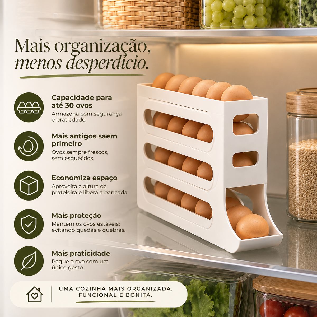 Benefícios do porta ovos Siena: até 30 ovos, os mais antigos saem primeiro, economiza espaço e protege contra quedas