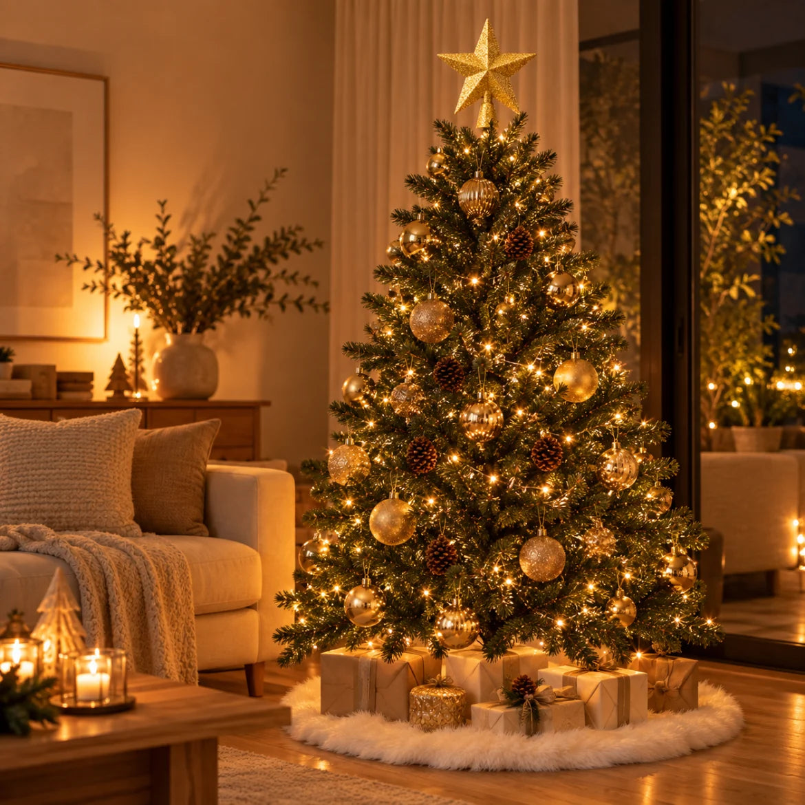 Árvore de Natal com a estrela dourada Aosta na ponta em sala decorada