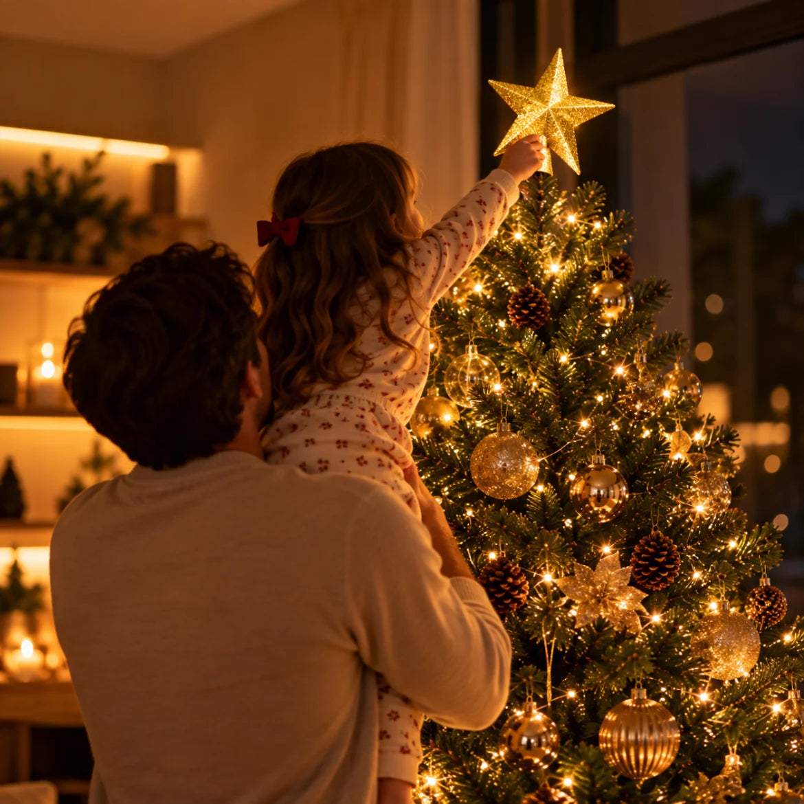 Criança colocando a estrela dourada Aosta na ponta da árvore de Natal
