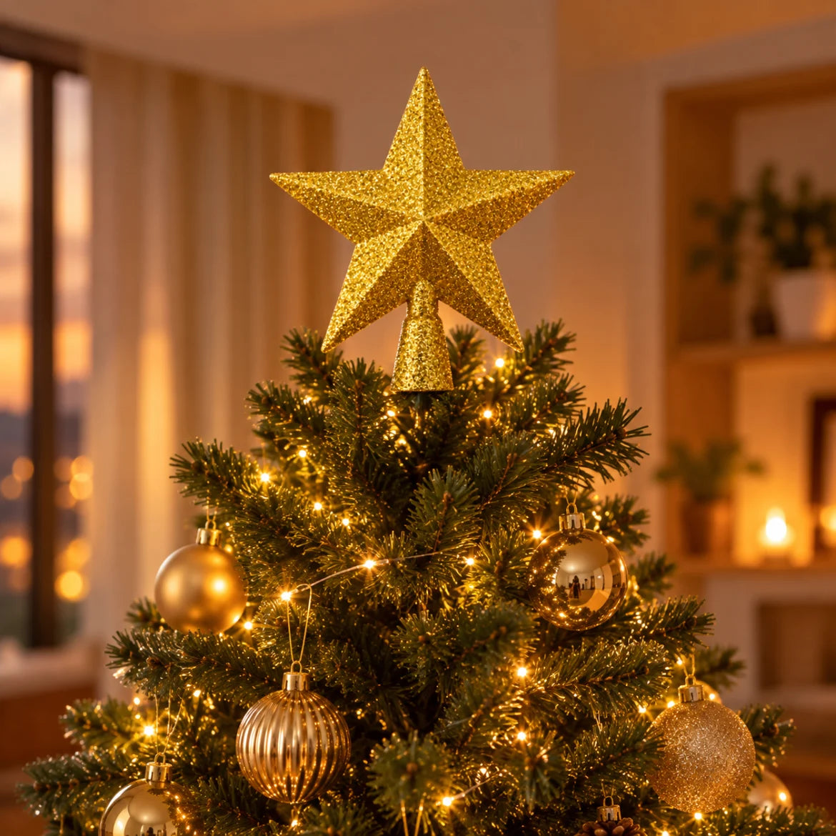 Estrela dourada Aosta na ponta de uma árvore de Natal decorada