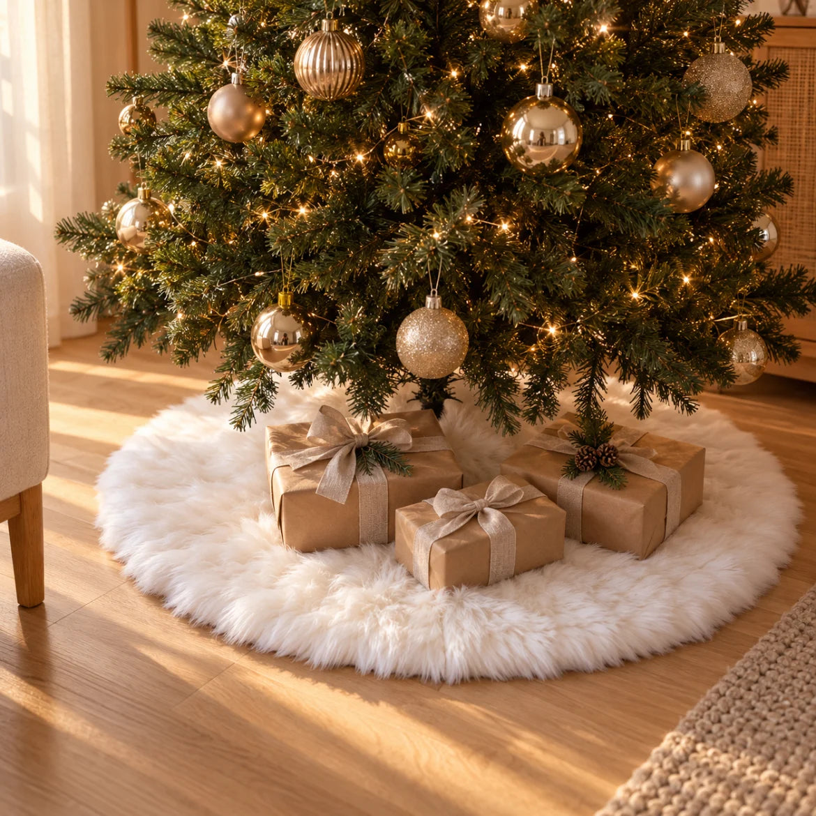 Árvore de Natal com a saia de pelúcia branca Asiago e presentes em cima, em sala decorada