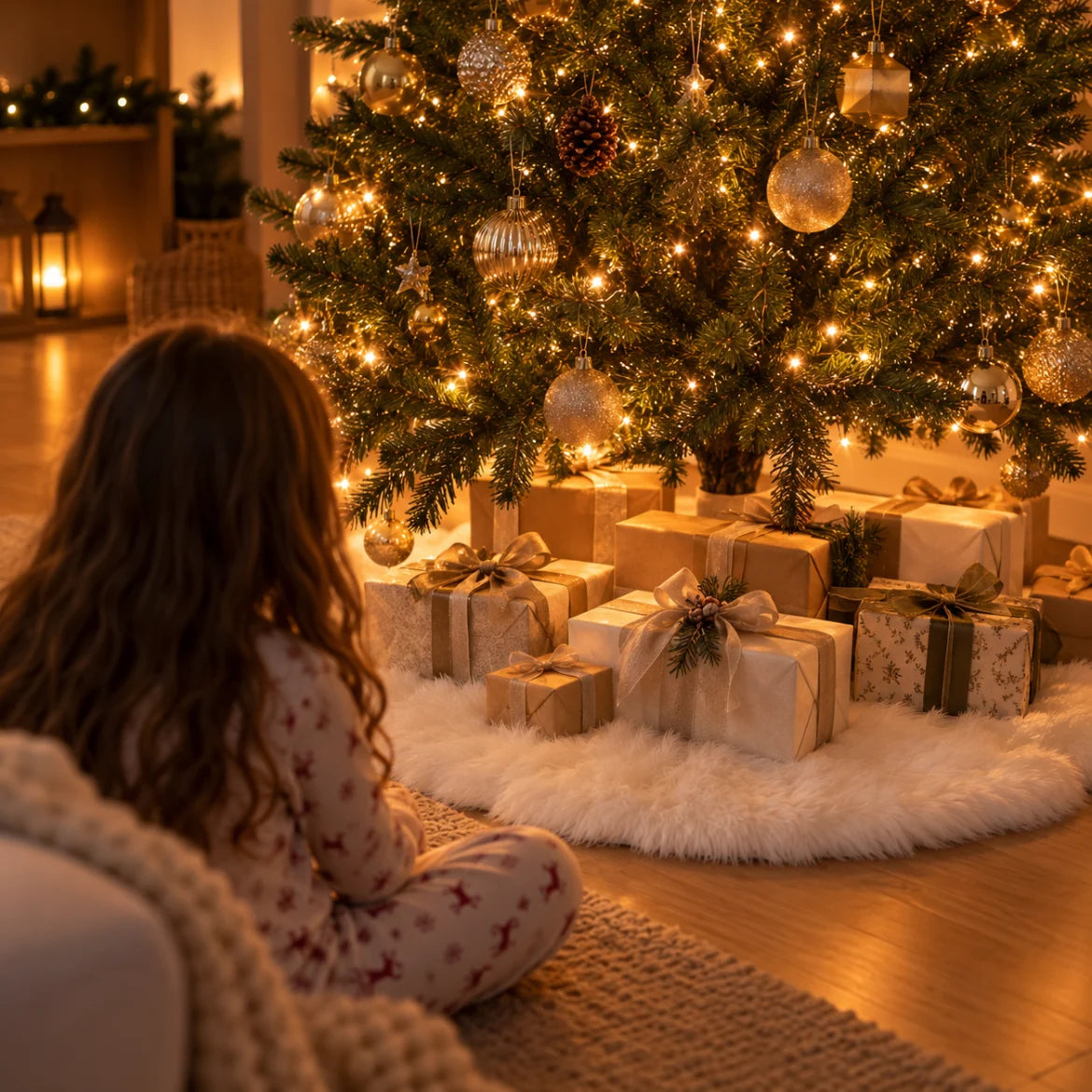 Presentes em cima da saia de pelúcia branca Asiago na noite de Natal