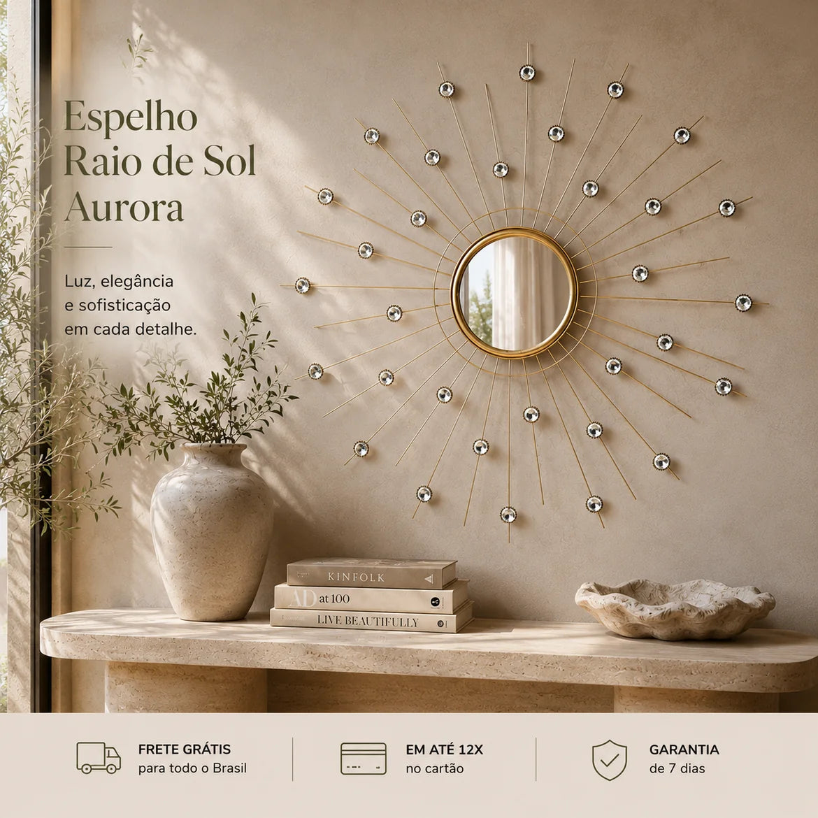 Espelho Raio de Sol Aurora — luz e sofisticação em cada detalhe