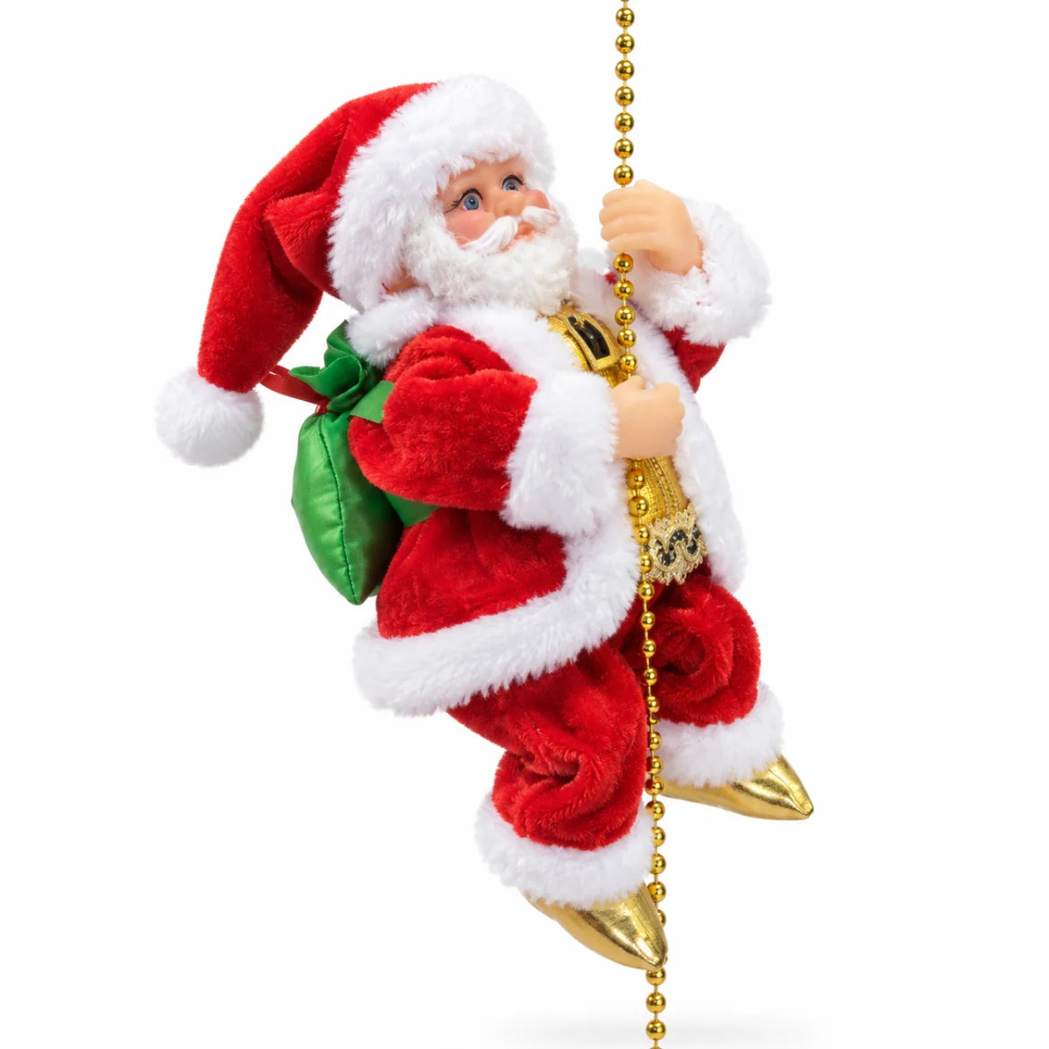 Papai Noel musical Bormio subindo na corda de contas douradas, em fundo branco