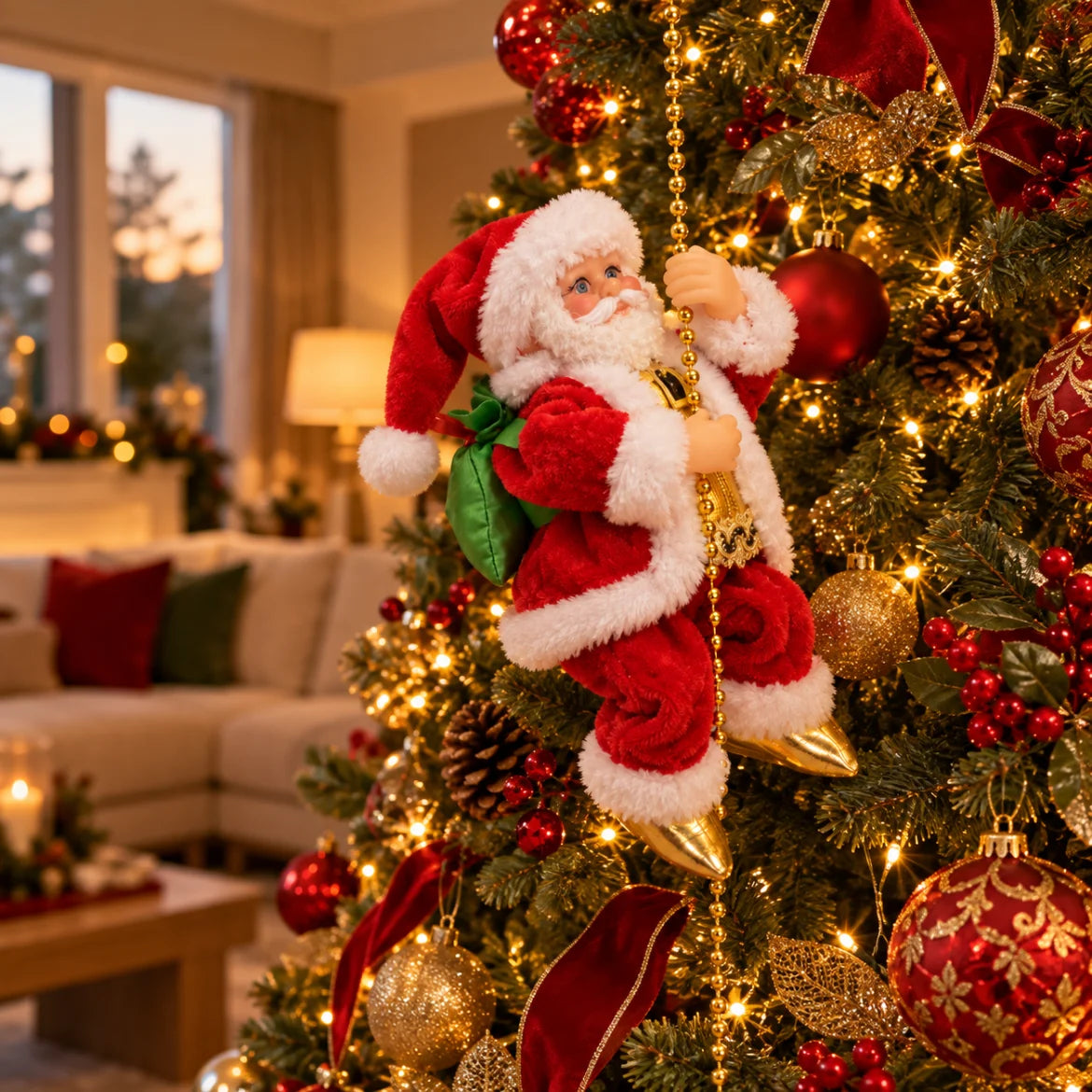 Papai Noel Bormio subindo pela corda pendurada na árvore de Natal na sala