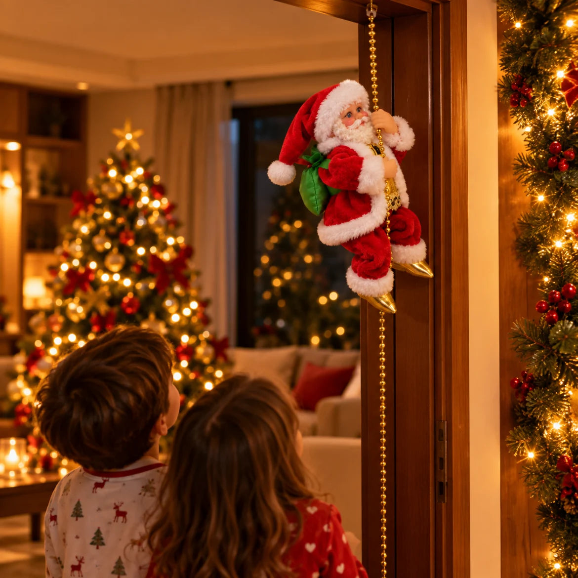 Crianças olhando o Papai Noel Bormio subir pela corda na noite de Natal