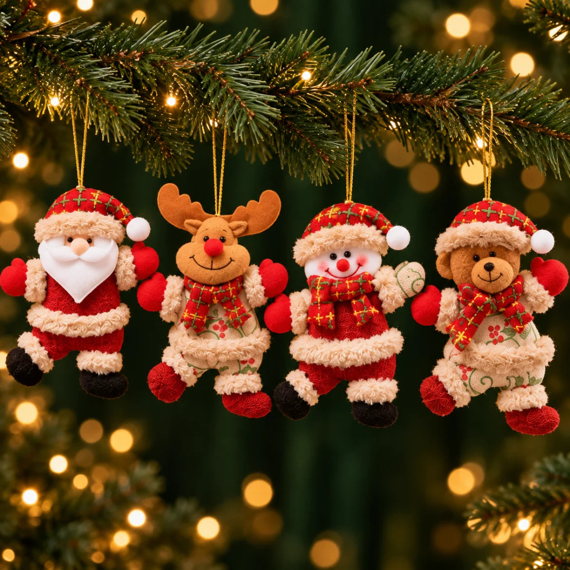 Os 4 personagens dos enfeites de pelúcia Brunico lado a lado: Papai Noel, rena, boneco de neve e urso com roupa xadrez