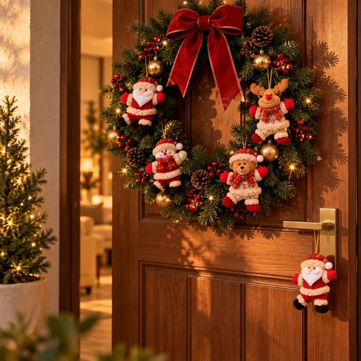 Enfeites de pelúcia Brunico pendurados na guirlanda da porta de entrada decorada para o Natal