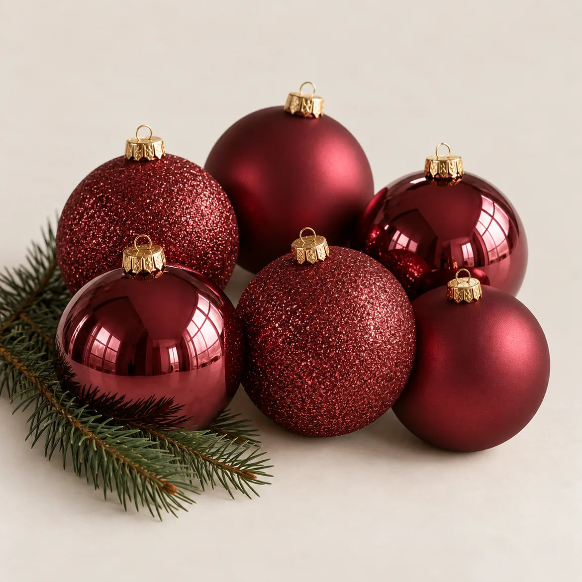 Seis bolas de Natal Bolzano vinho de 8 cm em brilho, fosco e glitter