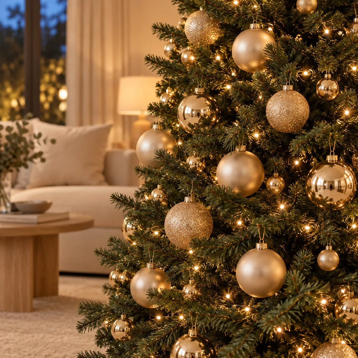 Árvore de Natal com bolas douradas Bolzano de 8 cm e luzes acesas