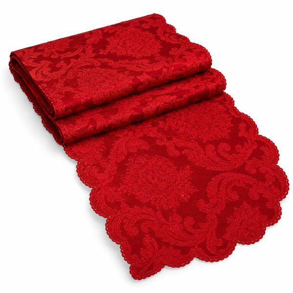 Caminho de mesa de Natal Canazei em jacquard vermelho, dobrado, em fundo branco