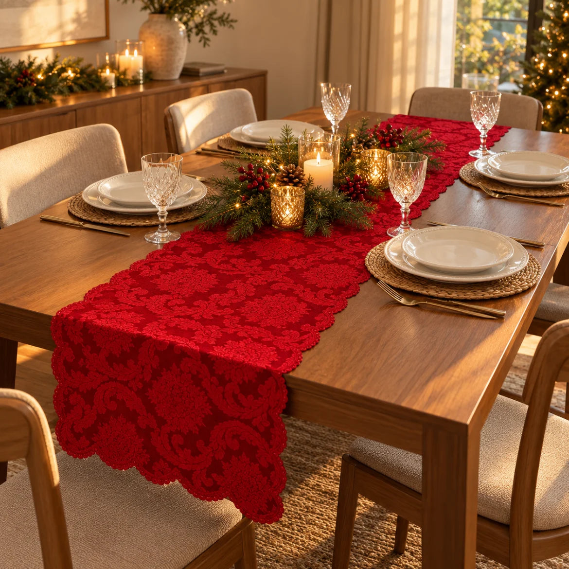 Mesa da ceia de Natal posta com o caminho de mesa vermelho Canazei