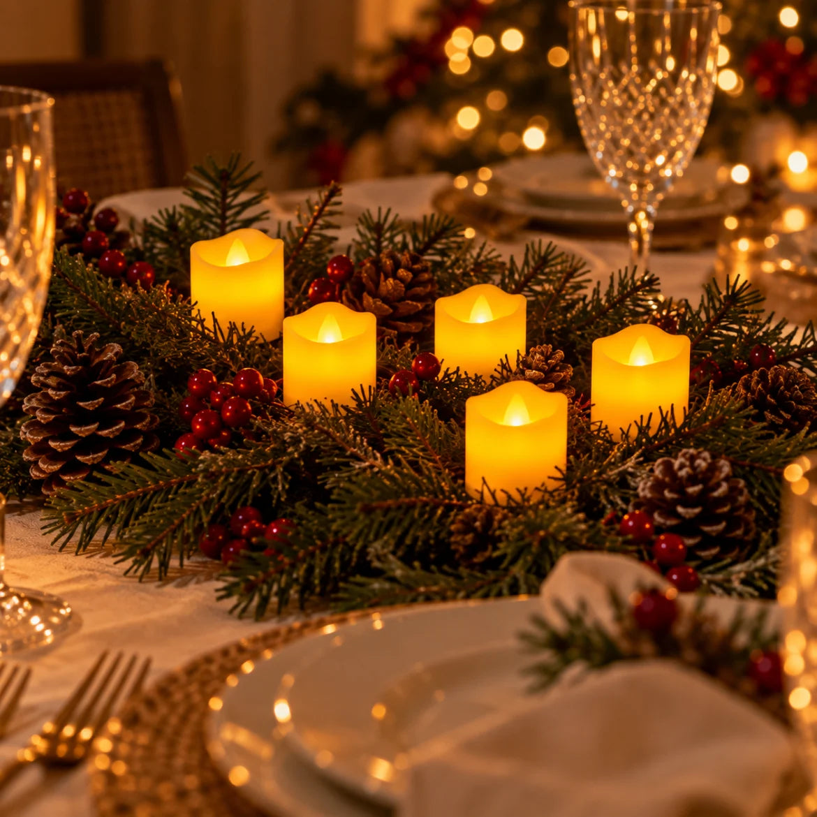 Velas de LED Campiglio acesas no centro da mesa de Natal