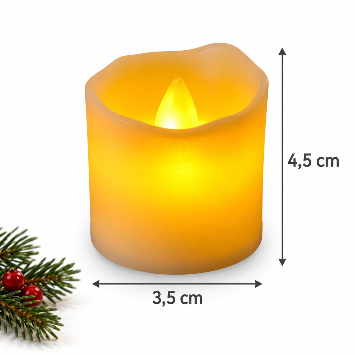Medidas da vela de LED Campiglio: 4,5 cm de altura e 3,5 cm de diâmetro