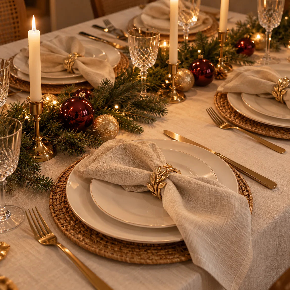 Mesa de ceia de Natal com guardanapos de linho presos pelas argolas Cortina
