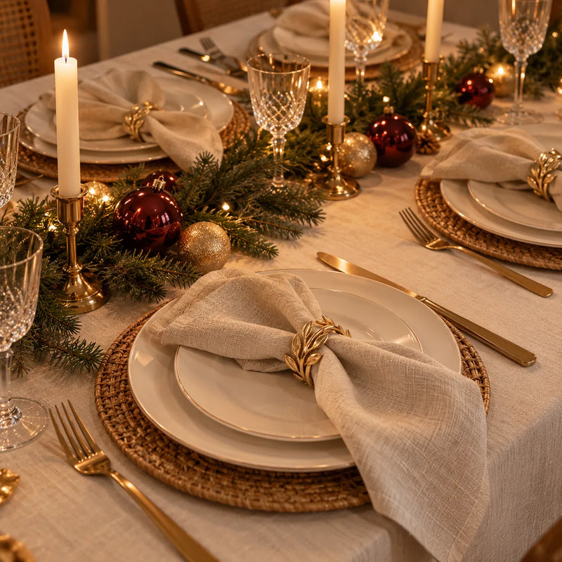 Mesa de ceia de Natal com guardanapos de linho presos pelas argolas Cortina