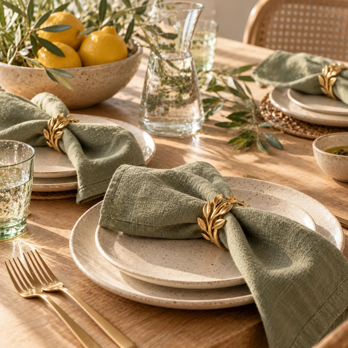 Mesa de almoço de domingo com guardanapos verdes e argolas Cortina
