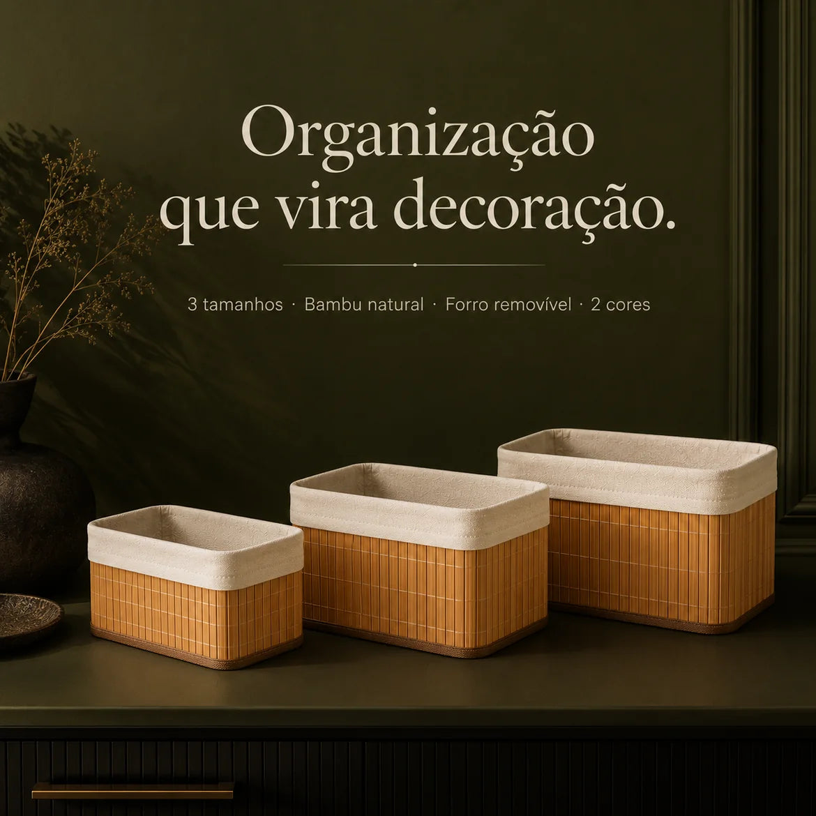 Organização que vira decoração — os três cestos do Kit Trancoso