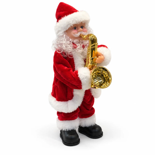 Papai Noel musical Courmayeur de 35 cm tocando saxofone dourado, em fundo branco