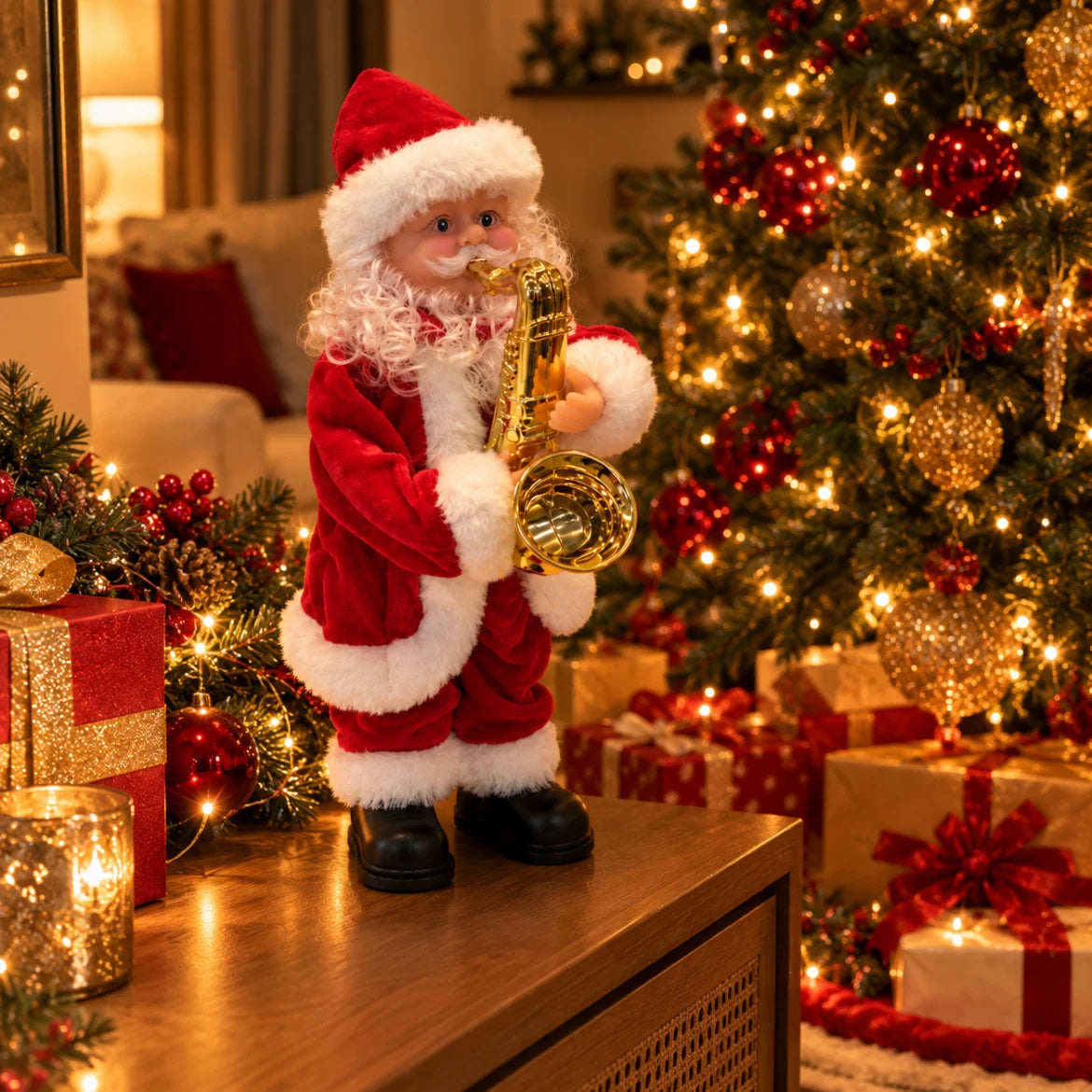 Papai Noel Courmayeur tocando saxofone no aparador da sala ao lado da árvore de Natal