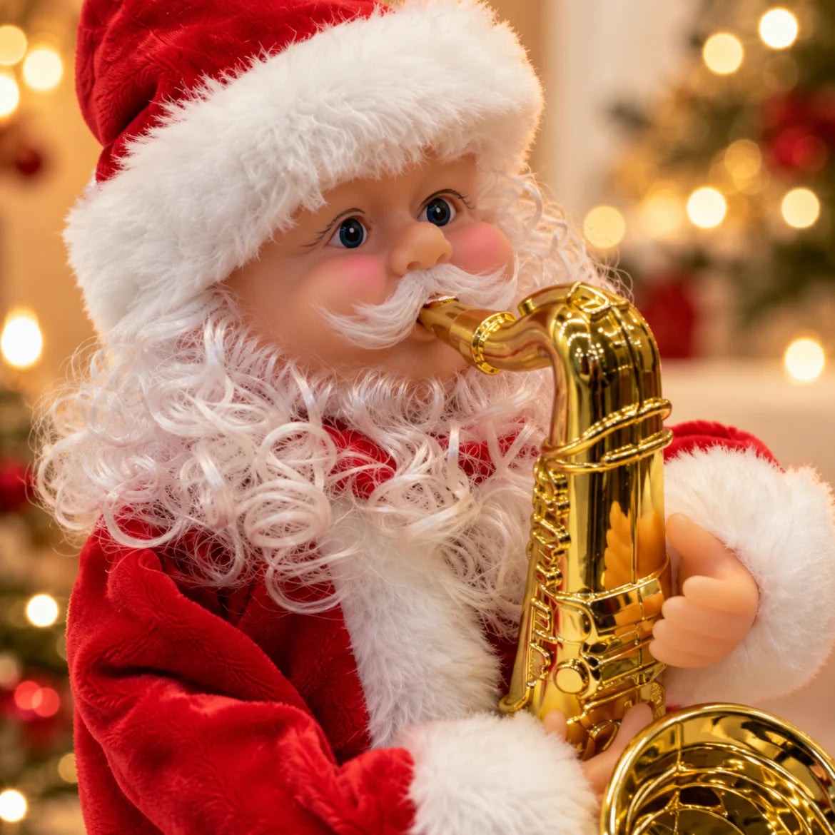 Close do rosto, da barba cacheada e do saxofone dourado do Papai Noel Courmayeur