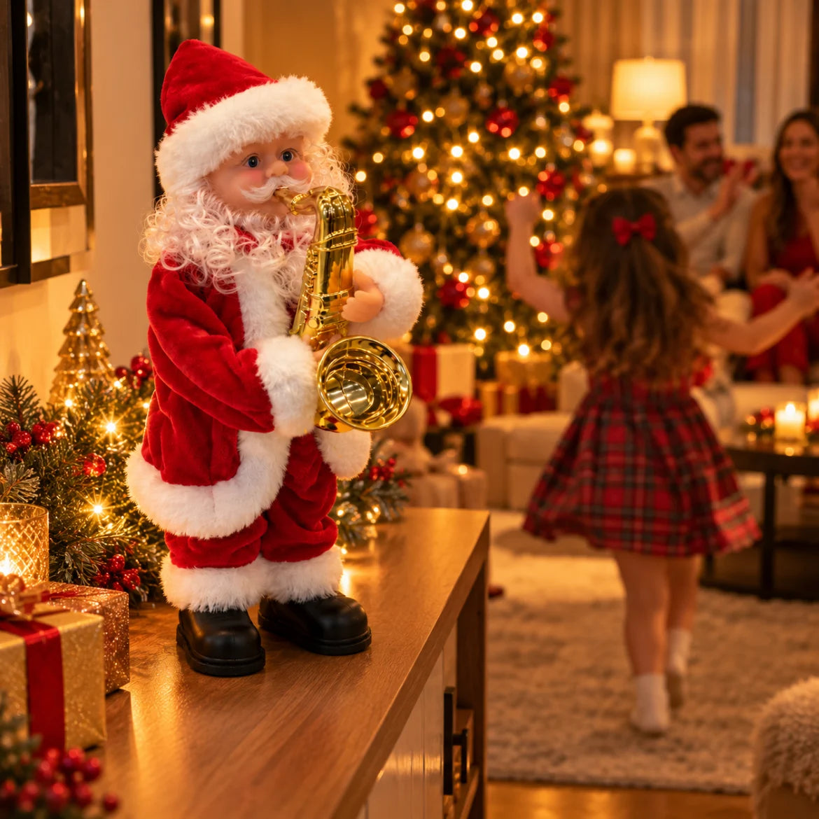 Criança dançando na sala enquanto o Papai Noel Courmayeur toca saxofone na noite de Natal