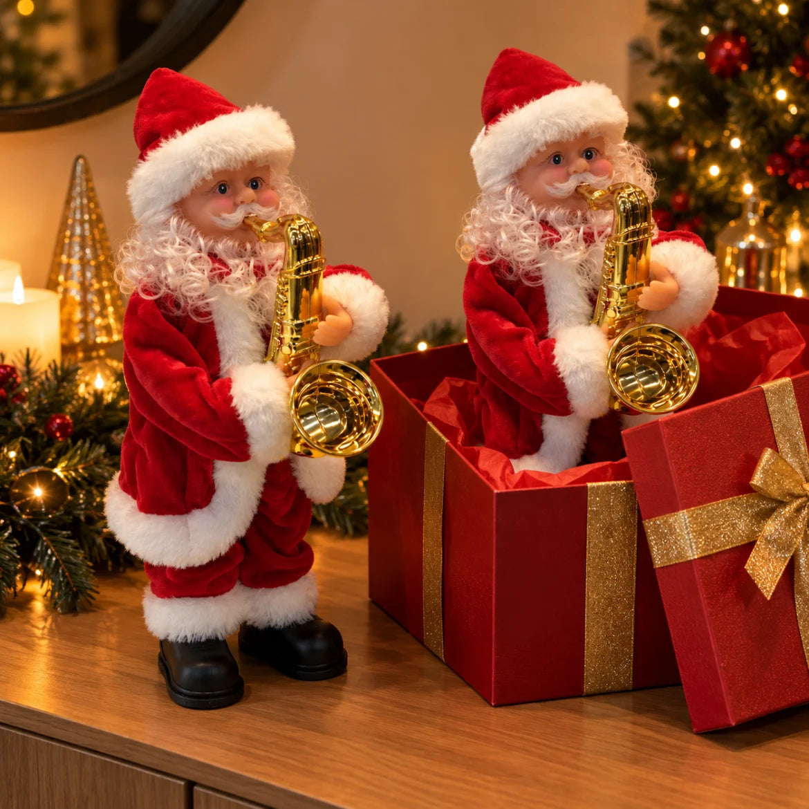 Dois Papais Noéis Courmayeur tocando saxofone, um deles saindo de uma caixa de presente