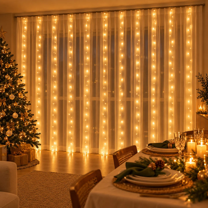 Cortina de luz LED Corvara acesa na janela da sala com árvore de Natal e mesa da ceia posta