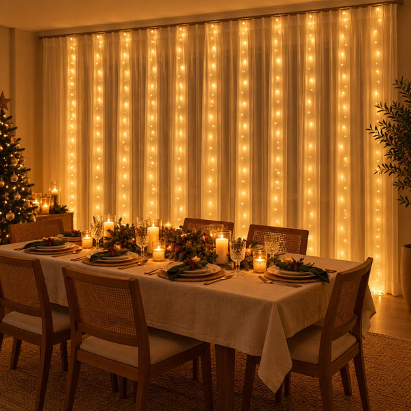 Cortina de luz LED Corvara acesa atrás da mesa da ceia de Natal
