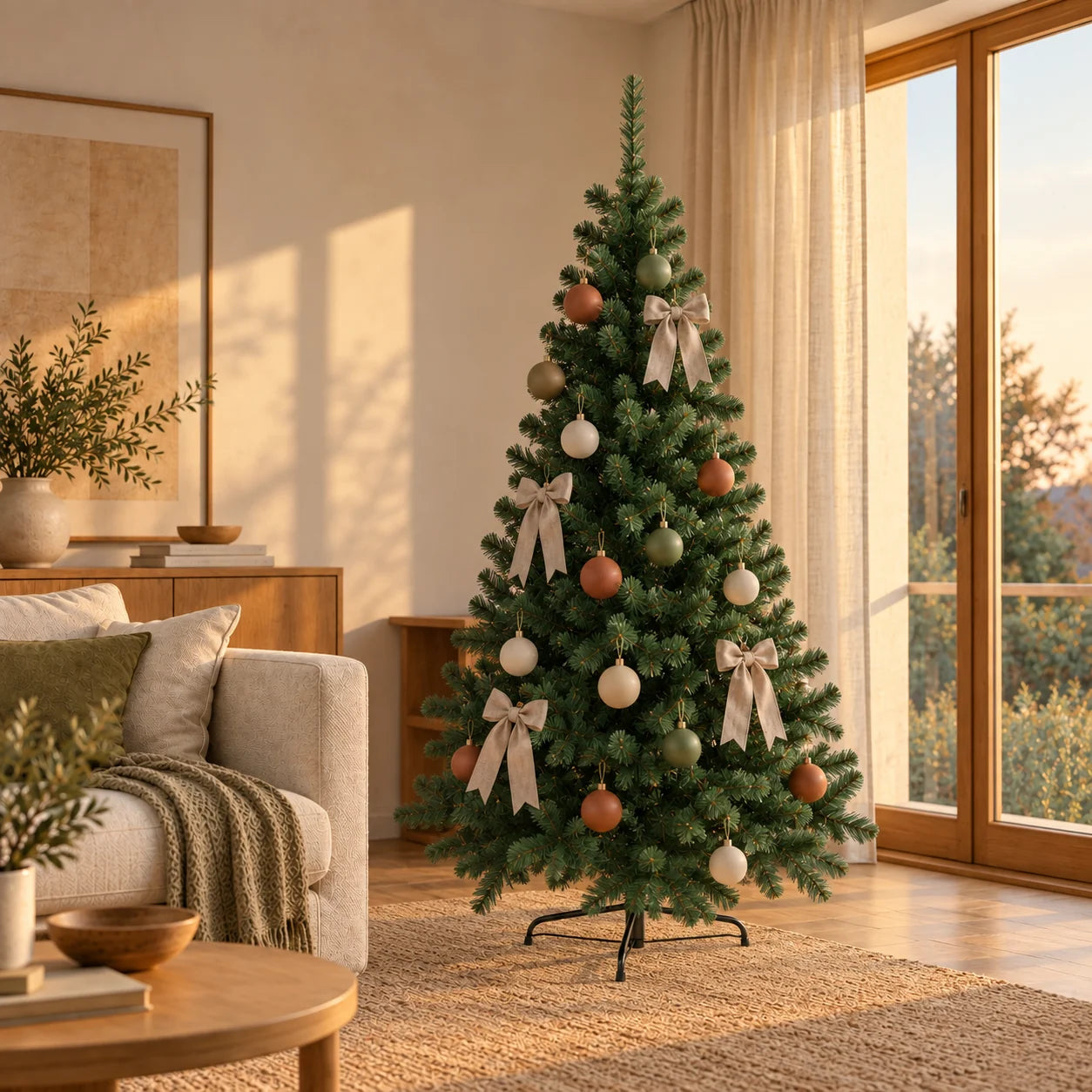 Árvore de Natal Cervinia decorada com bolas de cerâmica e laços de linho em sala de estilo japandi
