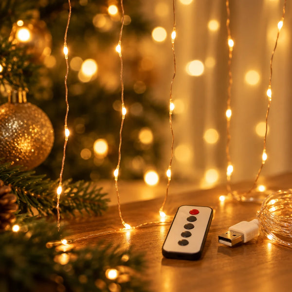 Close dos fios de cobre fininhos com os LEDs branco quente e o controle remoto da cortina Corvara