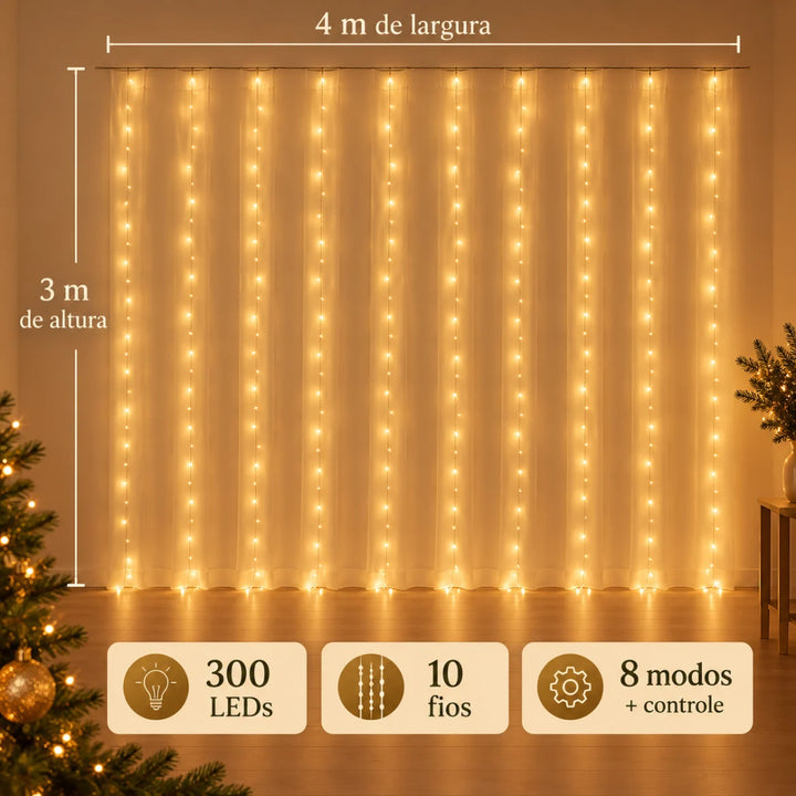 Medidas da cortina de luz LED Corvara: 4 m de largura, 3 m de altura, 10 fios e 300 LEDs
