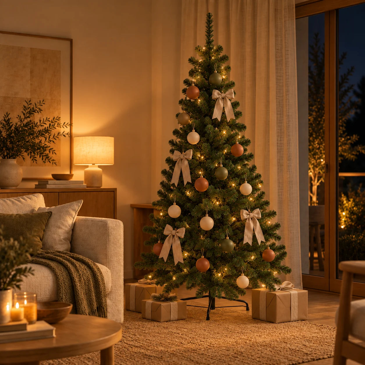 Árvore de Natal Cervinia decorada à noite com luz quente e presentes aos pés
