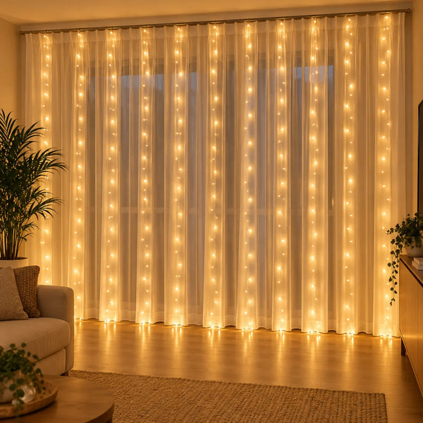 Cortina de luz LED Corvara 4 x 3 m acesa em branco quente na frente de uma cortina de voil na sala