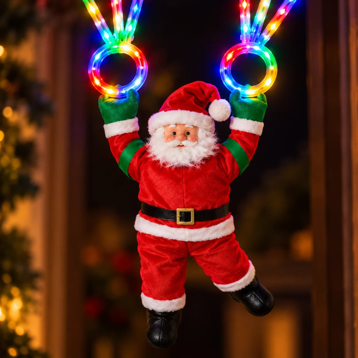 Close do Papai Noel de pelúcia pendurado nas argolas de LED do paraquedas Folgaria