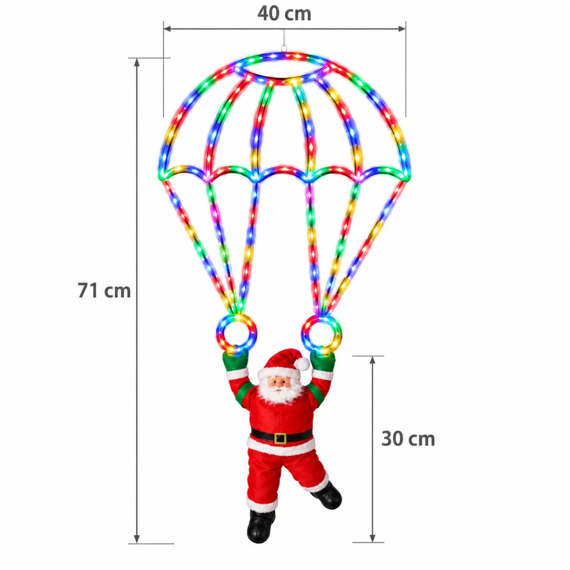 Medidas do Papai Noel de paraquedas Folgaria: 71 cm de altura, 40 cm de largura e Papai Noel de 30 cm