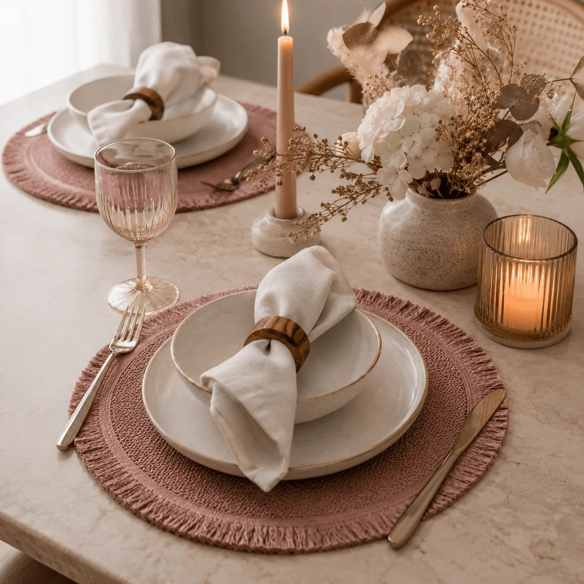 Mesa de jantar à noite com velas e o Comporta Rosa Provençal